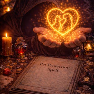 May include: An image of a glowing heart-shaped light with silhouettes of a cat and dog, held in cupped hands. The text "Pet Protection Spell" is on a stack of aged paper. Candles and other mystical items surround the scene.
