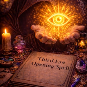 May include: An illuminated eye symbol radiates light above open hands, with a book titled "Third Eye Opening Spell" in the foreground. Candles and mystical items surround the scene, creating a spiritual or occult theme.