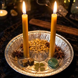 May include: Two lit yellow candles stand on a silver tray with dice, a four-leaf clover, and a green stone. The tray also holds star anise, chamomile, and a horseshoe charm. The background is dark with fairy lights.