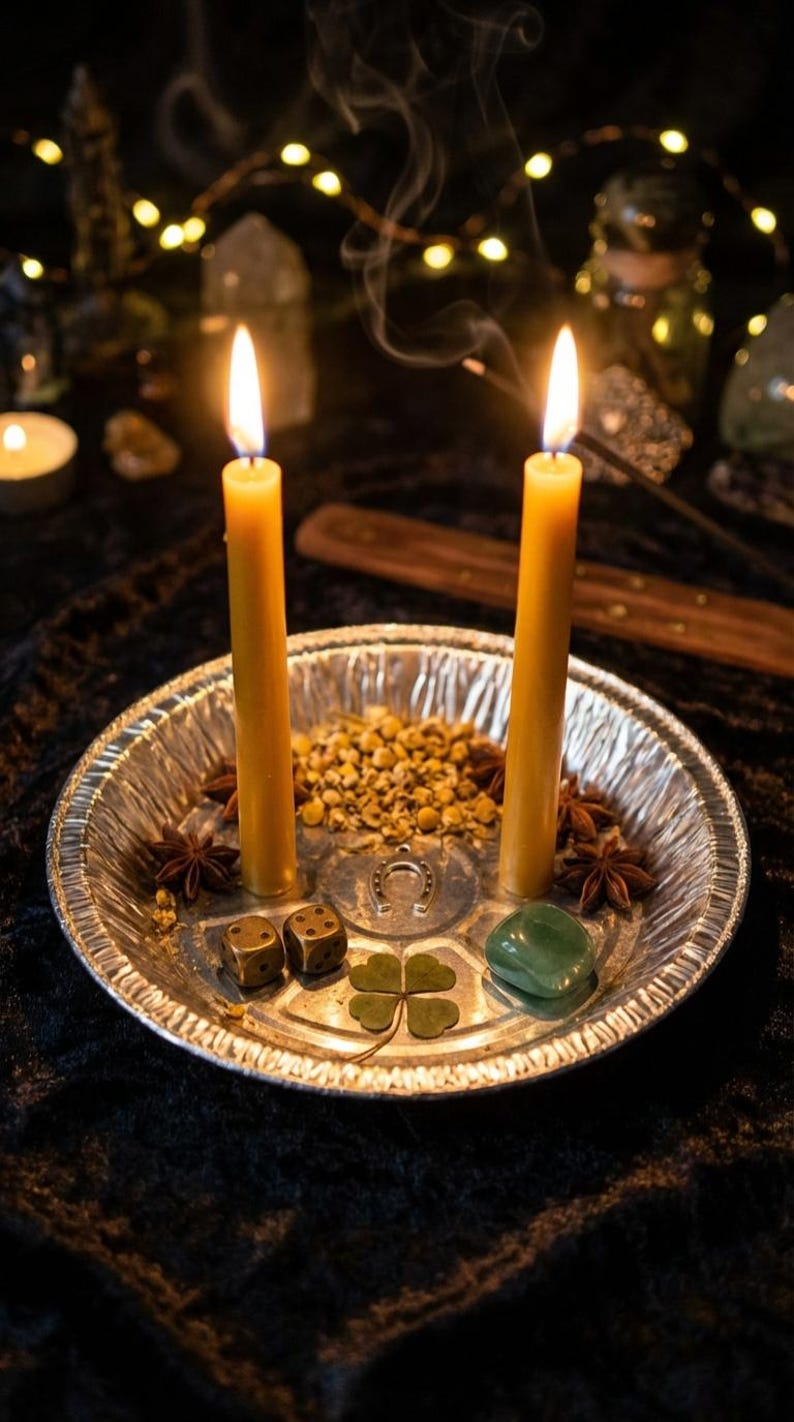 May include: Two lit yellow candles stand on a silver tray with dice, a four-leaf clover, and a green stone. The tray also holds star anise, chamomile, and a horseshoe charm. The background is dark with fairy lights.