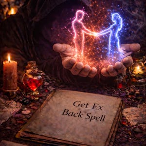 May include: An image of a mystical scene featuring a hooded figure holding two glowing figures, one red and one blue, with hands clasped. A stack of aged paper with the text "Get Ex Back Spell" is in the foreground, along with candles and a potion bottle.