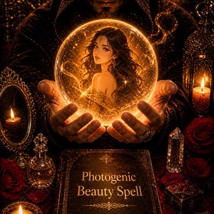 May include: An artistic image featuring a glowing orb held in hands, with a woman inside. The text "Photogenic Beauty Spell" is on a book. Candles, roses, and a mirror surround the scene, creating a mystical atmosphere.