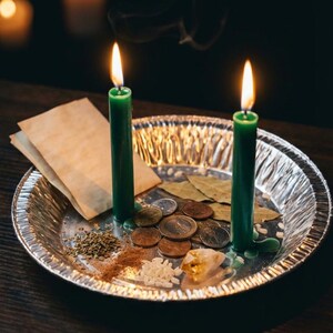 May include: Two green candles with lit flames sit on a silver plate with coins, herbs, and a crystal. A few pieces of paper and bay leaves are also on the plate. The background is dark with blurred candles.