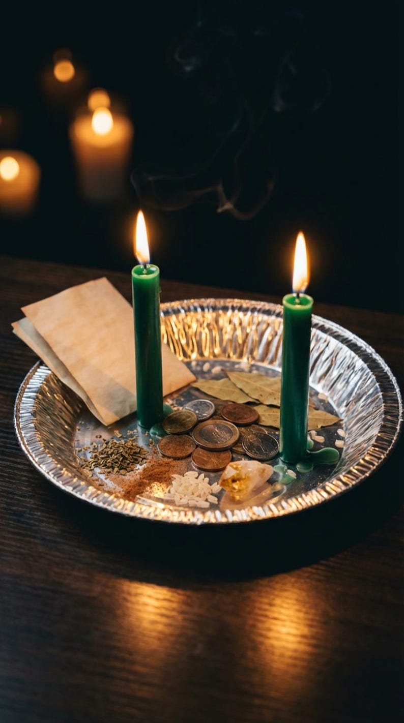 May include: Two green candles with lit flames sit on a silver plate with coins, herbs, and a crystal. A few pieces of paper and bay leaves are also on the plate. The background is dark with blurred candles.