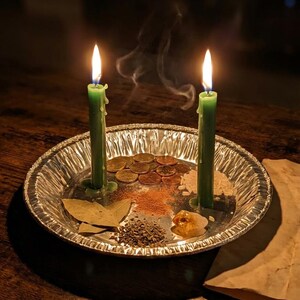 May include: Two green candles are lit on a silver tray with various items, including coins, spices, and a crystal. Smoke rises from the candles, creating a mystical atmosphere. The tray sits on a wooden surface.