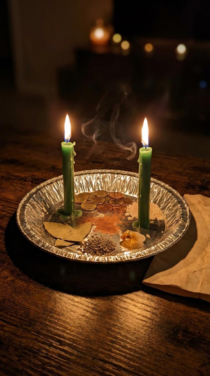 May include: Two green candles are lit on a silver tray with various items, including coins, spices, and a crystal. Smoke rises from the candles, creating a mystical atmosphere. The tray sits on a wooden surface.