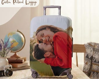 カスタム写真ラゲッジカバー、写真入りパーソナライズスーツケースプロテクター、パーソナライズ旅行ギフト、カスタムフェイスラゲッジラップ、旅行ギフト
