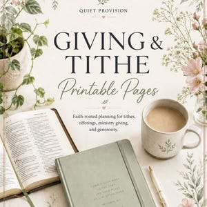 May include: A digital flyer titled GIVING & TITHE Printable Pages with text Faith-rooted planning for tithes, offerings, ministry giving, and generosity. It features an open Bible, a sage green journal, a ceramic mug, and floral illustrations.