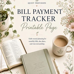 May include: A beige printable bill payment tracker page with floral accents. The text reads "Bill Payment Tracker Printable Page". A journal, coffee mug, pen, and open book are also visible. The journal has the text "Commit your work to the Lord, and your plans will be established."
