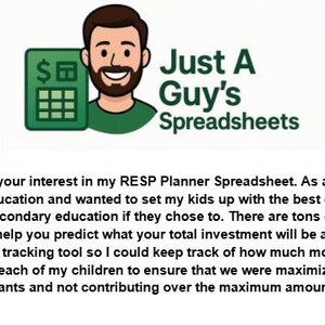 May include: A logo featuring a cartoon man with a beard and the text "Just A Guy's Spreadsheets." The logo includes a green calculator icon with a dollar sign. The image is on a white background.