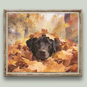 Black Labrador Retriever Wall Art, Autumn Leaf Pile Watercolor Print, Woodland Dog Decor, Fall Cottagecore Artwork
