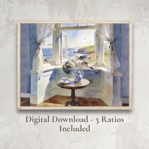 May include: Watercolor painting of a cat resting on a windowsill overlooking the ocean. A small table with a teapot and teacup sits in front of the window. The room has blue walls and white curtains. The text "Digital Download - 5 Ratios Included" is at the bottom.
