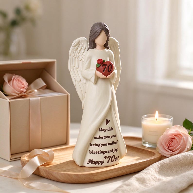 May include: A cream-colored angel figurine with brown hair and wings, holding a red heart with the number 70 and a small rose. The gown features the text: May this milestone year bring you endless blessings and joy. Happy 70th!