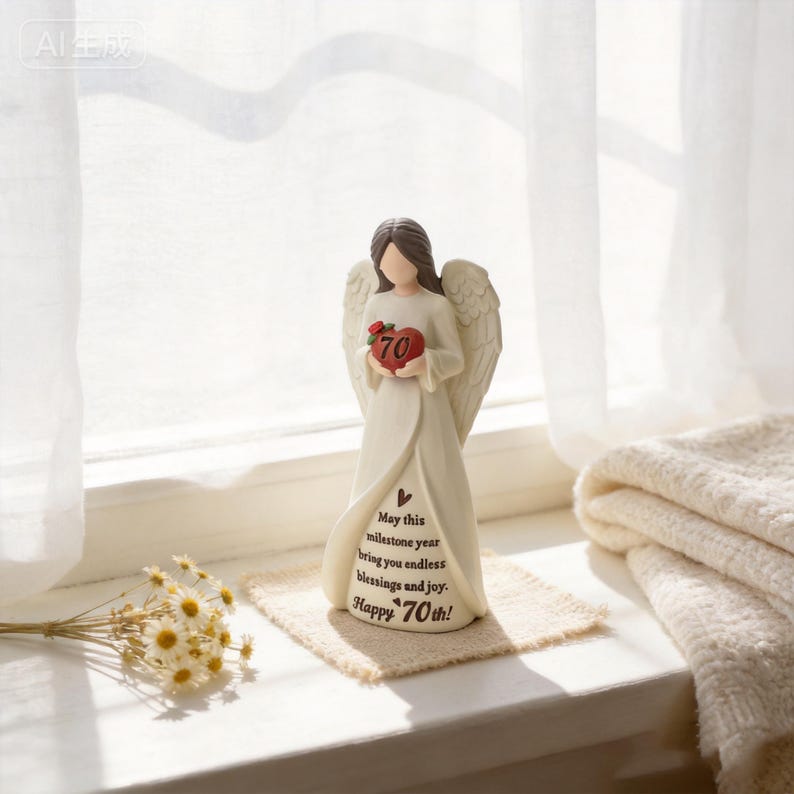 May include: A cream-colored angel figurine with brown hair, holding a red heart with the number 70 on it. The dress features the text: May this milestone year bring you endless blessings and joy. Happy 70th! The angel has detailed wings.