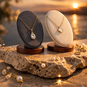 May include: Two gold necklaces displayed on oval-shaped stands with wooden bases. One necklace features a teardrop pendant, the other a four-leaf clover. Additional jewelry, including a ring and pearl earrings, is arranged on a stone surface.