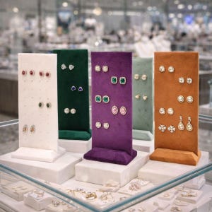 May include: A selection of earrings presented on velvet display stands in a jewellery shop. The stands are in shades of white, green, purple, and orange. The earrings feature gemstones and diamonds, in stud and drop styles. The display is in a jewellery store.