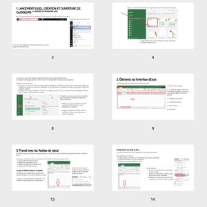 May include: A series of slides from a presentation on Excel, with screenshots of the software interface. The slides include text and visual elements, such as highlighted areas and arrows, guiding the user through various functions.