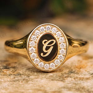 Custom Initial Signet Ring with Moissanite Halo, Personalized Letter Ring for Women, Gold Monogram Ring, Custom Jewelry Gift