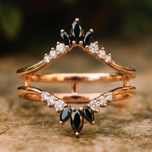 Black Onyx Ring Enhancer, Art Deco Crown Wedding Band, Moissanite Curved Ring Jacket, Vintage Chevron Stacking Guard, Rose Gold Bridal Gift