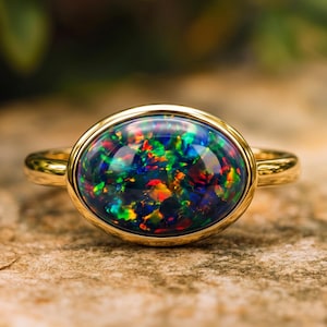East West Black Opal Ring, Lab Created Opal Bezel Ring, Minimalist Gold Oval Ring for Women, October Birthstone Gift