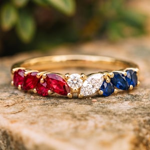 Red White and Blue Ring, Patriotic Stacking Band, Marquise Garnet Sapphire Moissanite Half Eternity, USA Flag Anniversary Gift for Her