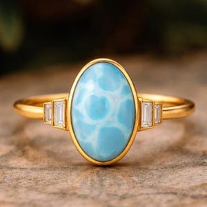 Oval Cut Larimar Ring, Baguette Cut Moissanite Ring, Sky Blue Gemstone Ring, Minimalist Stackable Ring, Bezel Set Statement Ring For Mother