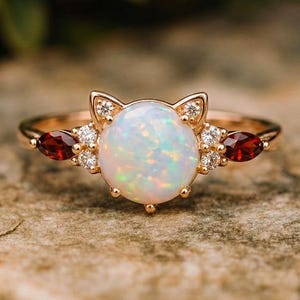 Może przedstawiać: Pierścionek z różowego złota z motywem kota. Pierścionek ma duży, okrągły, opalizujący kamień centralny, otoczony dwoma owalnymi czerwonymi kamieniami i małymi, przezroczystymi kamieniami akcentującymi. Uszy kota są ozdobione małymi, przezroczystymi kamieniami.