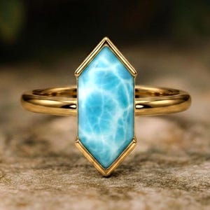 Vintage Hexagon Cut Larimar Ring, Solitaire 925 Starling Silver Ring, Half Bezel Set Stackable Ring, Single Stone Promise Ring For Her