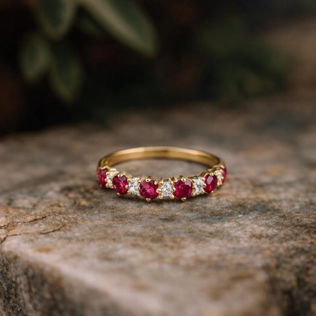 Ruby Stackable Aniversary Rings Ruby & Moissanite Half Eternity Ring, Alternate Bridal Wedding Ring ...