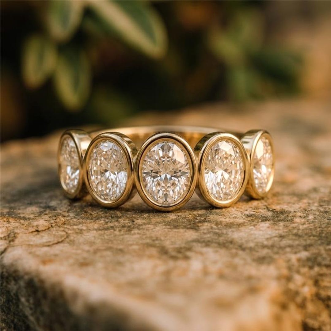 Oval Moissanite Bezel Set Half Eternity Ring, Stackable Wedding Ring ...