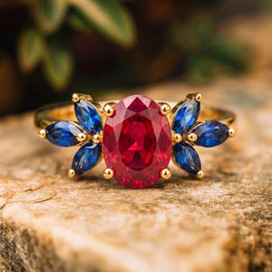 Lab Created Ruby Ring Oval Red Gemstone Blue Sapphire Cluster Vintage Inspired Gold Unique Engagement Promise Ring for Women