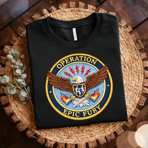 May include: Black t-shirt featuring a circular emblem with an eagle, lightning bolts, and the words "OPERATION EPIC FURY." The emblem is in shades of blue, brown, and yellow. The shirt is displayed on a woven mat.