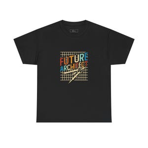 May include: Black t-shirt with a retro design that reads "FUTURE ARCHITECT" in orange, blue, and teal. A compass is featured below the text. The design is set on a grid background.