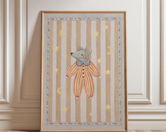 Vintage Circus Mouse Print – Whimsical Nursery Wall Art, Moon and Stars Baby Room Decor