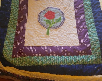 Beauty & the Beast inspired Quilt with Embroidered Rose and Stained Glass Fabric
