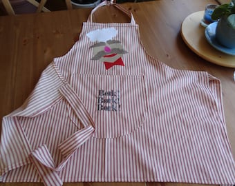 Swedish Chef Apron: Bork Embroidery, Striped Kitchen Apron, Adjustable Size