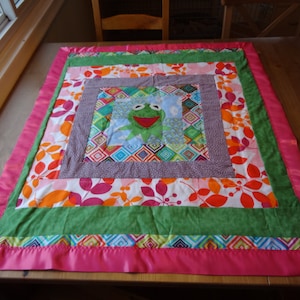 Kermit the Frog Applique Toddler Blanket with Bright Pink Satin Trim