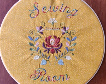 Embroidered Sewing Room Sign in Vintage Hoop
