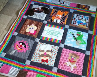 Rainbow Kermit the Frog and Friends with Embroidered Quote Square - Large Quilt for Nursery or Grown up Fan