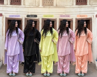 Conjunto de lujo Farshi Shalwar, traje pakistaní de seda de 3 piezas, atuendo indio modesto, vestido de novia hecho a mano, ropa de fiesta de corte holgado