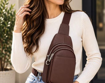 Vegan Leather Sling Bag for Women, Small Crossbody Purse, Adjustable Chest Bag, Everyday Travel Shoulder Bag