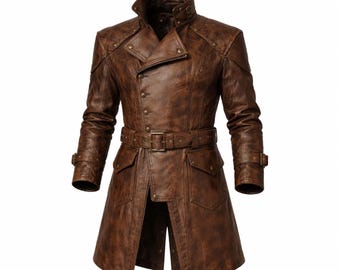 Herren Vintage Steampunk Leder Trenchcoat - Langer Distressed Duster | Piraten Gothic Mantel