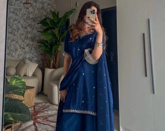 Marine-Blau Farshi Shalwar Kameez Set, pakistanische 3-teilige Anzug, Designer Salwar Kameez Formelle Partykleidung