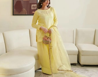 Amarillo pastel Farshi Shalwar Kameez Sheesha Seda / Diseñador paquistaní Traje de 3 piezas / Vestido de invitada de boda / Ropa étnica elegante