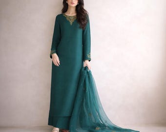Seide Farshi Shalwar Kameez | Pakistanischer Designer 3-teiliger Anzug | Formelle Hochzeitsgast Eid Festliche Kleidung Outfit