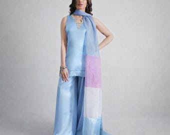 Hellblau Pakistanische Indische Seide Farshi Shalwar Kameez | 3-Teiler Designer Anzug | Organza Dupatta Brautkleid