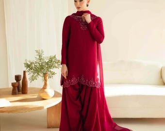Pakistanische Shamoz Seide Sharara Kameez Set | Handgemachter bestickter Salwar-Anzug | Hochzeits-Gastkleid | Elegante Abendkleidung