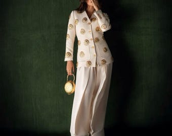 Traje de diseñador hecho a mano para mujer, conjunto de seda bordado con pantalones de pierna ancha, ropa formal para bodas y fiestas pakistaníes.