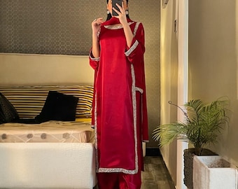Traje de diseñador pakistaní de 3 piezas, Salwar Kameez de seda con cuentas, vestido formal hecho a mano, ropa modesta para bodas.