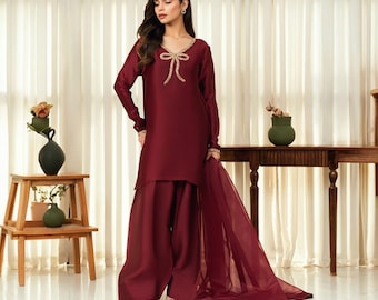 Der pakistanische Designer Salwar Kameez | Seide Farshi Shalwar Anzug | 3-teiliges Ethno-Outfit | Hochzeit Kleid Frauen